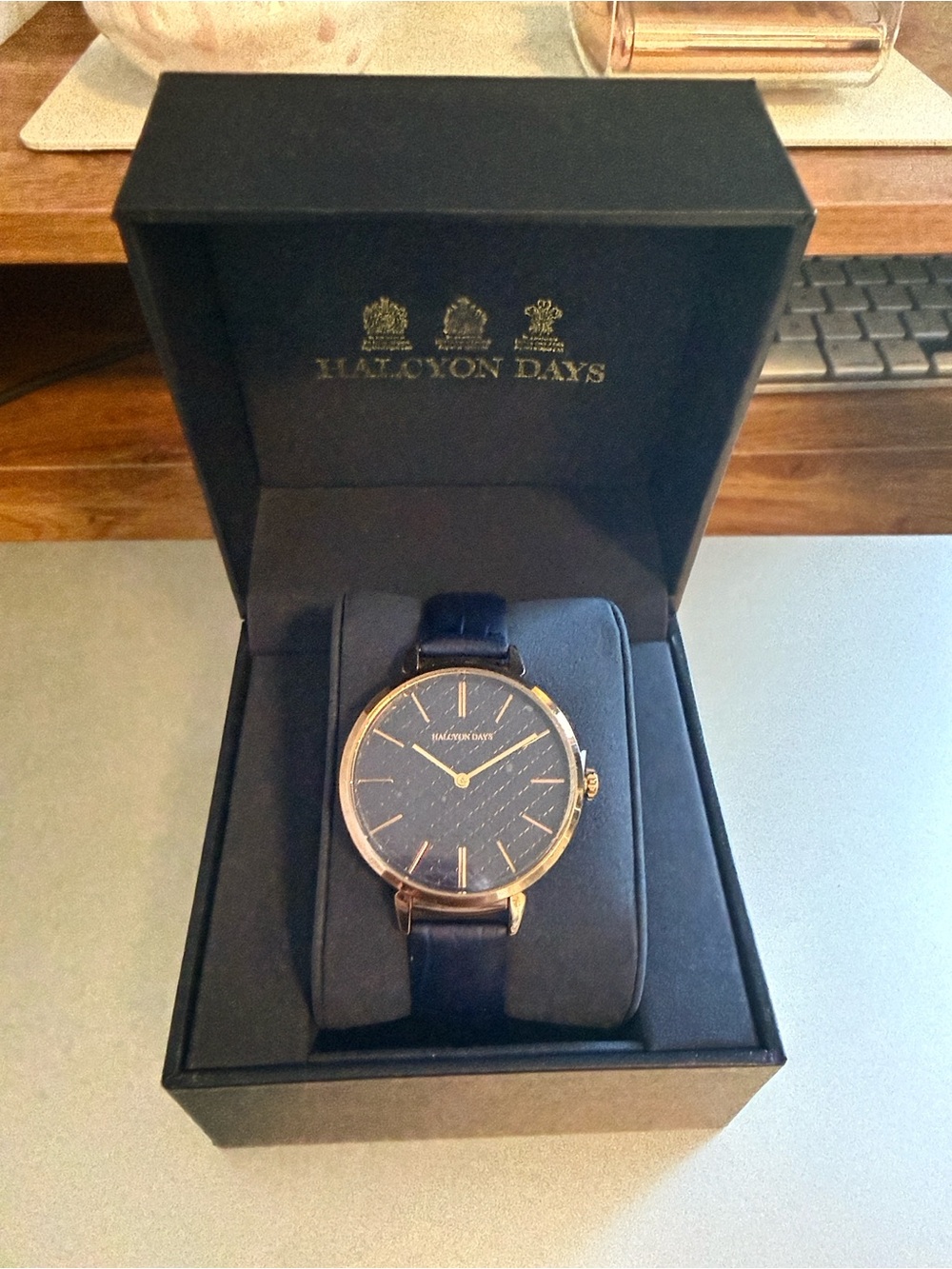 Halcyon Days Women's Navy and Rose Gold Leather Strap Watch HD 2008